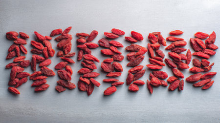 A collection of vibrant red goji berries beautifully arranged on a sleek metallic surface, showcasing their unique texture and bright color, perfect for health-focused visuals.の素材