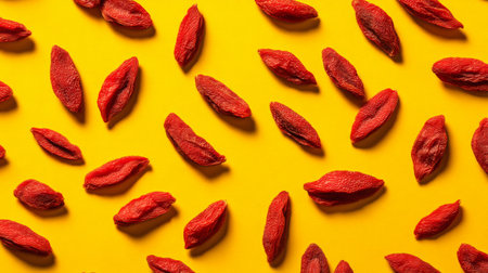 A stunning arrangement of vibrant red dried fruits against a bright yellow background showcases natural beauty and organic essence, perfect for food photography enthusiasts.の素材