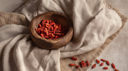 This image features a rustic wooden bowl filled with dried goji berries placed on soft beige fabric. Perfect for promoting healthy snacks and natural food photography.の素材
