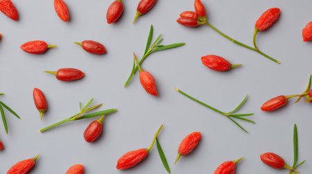 A flat lay arrangement of fresh goji berries and green stems on a light gray surface, perfect for promoting healthy eating, nutrition, and vibrant lifestyle choices.の素材