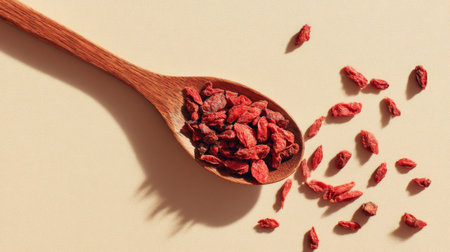A beautiful close-up image of dried goji berries arranged in a wooden spoon against a beige background, highlighting the natural and healthy qualities of this superfood.の素材