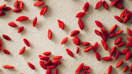 Close-up of vibrant red goji berries scattered across a textured surface, symbolizing health and nutrition. Ideal for wellness, diet, and superfood themes.の素材