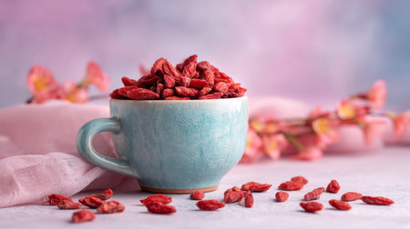 A charming composition featuring goji berries in a blue cup, sitting on soft pink fabric with delicate floral accents, conveying health, serenity, and elegance.の素材
