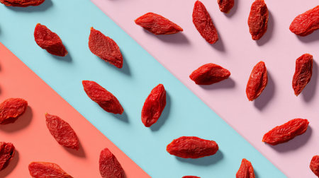 This photo features a colorful arrangement of dried goji berries set against pastel backgrounds. Ideal for concepts related to health, nutrition, and culinary creativity.の素材