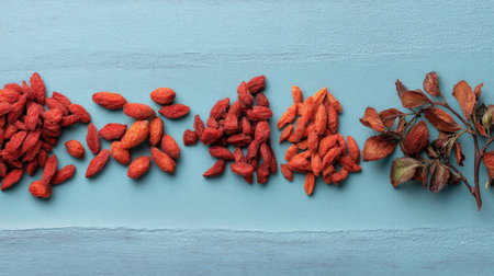 This image features a visually appealing arrangement of goji berries and dried rose hips on a soft blue background, highlighting the beauty of natural ingredients for health.の素材