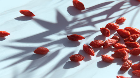 A vibrant display of goji berries resting on a white surface, illuminated by natural light. The delicate shadows of green leaves enhance the fresh and healthy appeal.の素材
