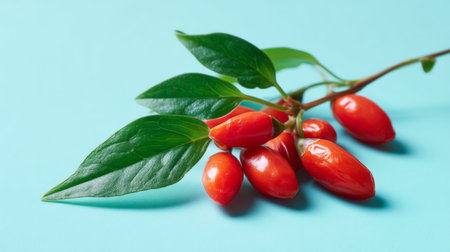 A close-up view of vibrant red berries on a green branch set against a soft blue background. Perfect for culinary, health, or nature-themed projects.の素材