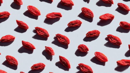 Vibrant dried goji berries create a stunning visual pattern on a white surface, highlighting their natural beauty and nutritional benefits for health-conscious consumers.の素材
