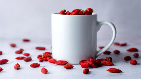 A simple white mug overflowing with bright red goji berries sits on a light surface, creating an appealing display of healthy ingredients ideal for wellness-focused designs.の素材