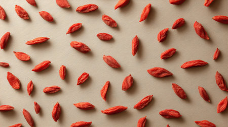A stylish arrangement of goji berries on a neutral background highlights their vibrant color and shape, serving as a perfect visual for health and wellness themes.の素材