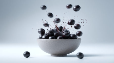 A high-definition close-up of fresh black grapes splashing in a bowl, capturing a dynamic moment filled with water droplets, perfect for food and beverage themes.の素材