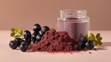 A colorful display of superfood powder in a glass jar, accompanied by fresh blueberries and green leaves on a soft pink background, showcasing wellness and nutrition.の素材