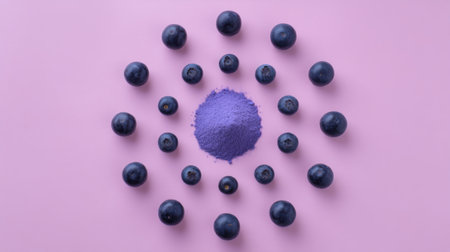 This captivating image features fresh blueberries arranged around a mound of purple powder on a soft pink background, highlighting vibrant colors and healthy eating.の素材
