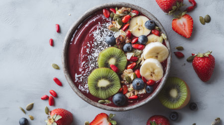 A vibrant smoothie bowl garnished with fresh fruits like banana, kiwi, and blueberries, along with crunchy granola, perfect for a nutritious meal or snack.の素材