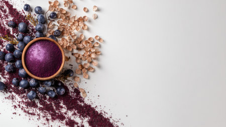 A stunning arrangement featuring fresh blueberries and vibrant blueberry powder on a light background. Ideal for healthy eating and culinary inspiration.の素材