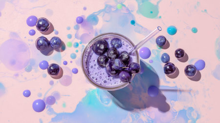 A visually appealing composition featuring a refreshing blueberry smoothie in a glass with a straw. Surrounded by vibrant, colorful orbs, this image exudes a playful, healthy vibe.の素材