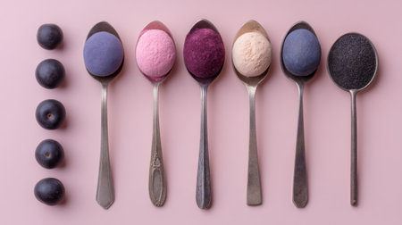 This vibrant arrangement features colorful ice cream scoops on silver spoons against a soft pink background, complemented by fresh blueberries for a delightful summer treat.の素材
