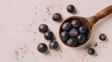 A captivating arrangement of fresh organic blueberries in a wooden spoon, accented with a sprinkle of sea salt and spices, presenting a vibrant and healthy lifestyle.の素材