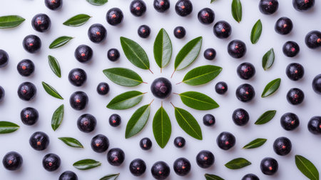 A stunning visual display featuring fresh black berries surrounded by lush green leaves. The artistic arrangement on a white background celebrates nature's beauty and color.の素材