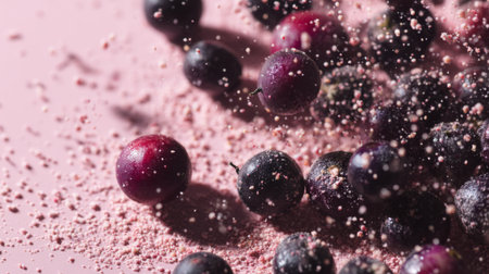 A captivating image featuring fresh berries layered with a dusting of sweet powder, creating an artistic composition against a soft pink background perfect for culinary inspiration.の素材