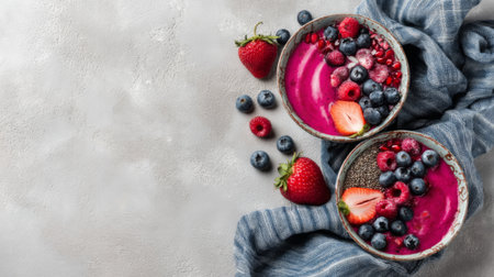 Indulge in these vibrant smoothie bowls adorned with fresh berries and chia seeds, perfect for healthy meals and wellness inspiration in any setting.の素材