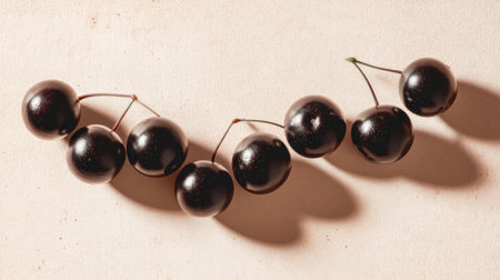 A captivating image showcasing fresh black cherries arranged in a curved line, illuminated by soft natural light, highlighting their glossy texture and shadows.の素材