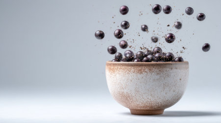 A captivating scene of fresh berries bursting from a rustic ceramic bowl, creating a dynamic visual that emphasizes movement and healthy eating in a modern kitchen setting.の素材