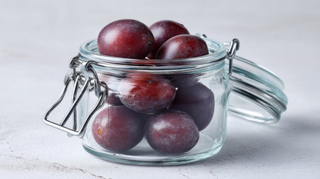 A clear glass jar filled with fresh plums, showcasing their vibrant color and natural sheen. Perfect for healthy eating inspiration or culinary projects.の素材
