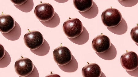 A visually appealing flat lay image featuring red glossy apples arranged on a soft pink background, perfect for food styling and creative projects.の素材
