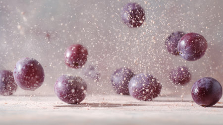 Captivating scene of fresh grapes suspended in mid-air with a fine dusting of flour. This imaginative food shot highlights freshness and creativity, ideal for recipes.の素材