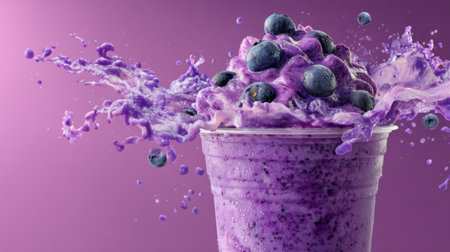 This vibrant image showcases a delicious purple smoothie topped with fresh blueberries, captured mid-splash against a stunning purple background. Perfect for summer.の素材