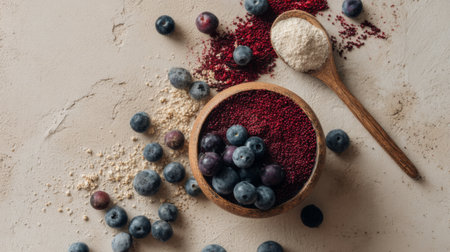 A beautiful arrangement of fresh blueberries in a wooden bowl, complemented by red powder and flour, conveying the essence of health and wholesome cooking.の素材