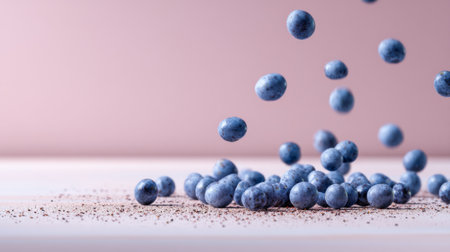 A captivating image of vibrant blueberries cascading onto a wooden surface, set against a soft pink background, perfect for food-related themes and healthy lifestyle.の素材