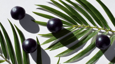 A captivating arrangement of dark purple fruits nestled among vibrant green palm leaves on a soft white background, symbolizing freshness and health in food styling.の素材