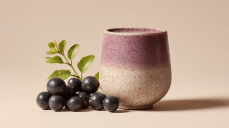 A captivating ceramic cup features a stunning purple gradient glaze, complemented by glossy black fruits and green leaves, perfect for minimalistic decor or culinary presentation.の素材