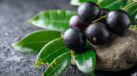 Black fruits with glistening water droplets lay atop a dark stone, surrounded by lush green leaves. This image embodies freshness and natural elegance, perfect for wellness themes.の素材