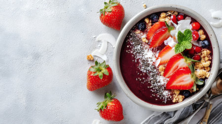 A vibrant and healthy acai bowl topped with fresh strawberries, mixed berries, crunchy granola, and coconut flakes, perfect for breakfast or a nutritious snack.の素材