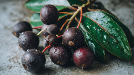 This close-up image showcases fresh juicy berries adorned with water droplets, resting on a textured concrete surface beside lush green leaves, perfect for food photography.の素材