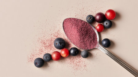 A captivating arrangement of fresh berries and vibrant powdered fruit on a neutral background, perfect for illustrating health, nutrition, or culinary arts.の素材