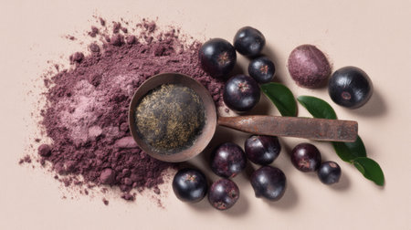 Discover the vibrant essence of nature with this striking arrangement of superfood powder and whole berries, highlighting health benefits and culinary versatility.の素材