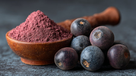 Close-up view of acai berry powder and fresh berries placed beside a wooden bowl on a dark surface, perfect for showcasing health benefits and superfood options.の素材