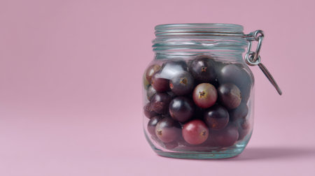 A clear glass jar filled with vibrant berries, sitting against a soft pink backdrop. The image captures the freshness and colorful appeal of seasonal fruits, perfect for food and lifestyle concepts.の素材