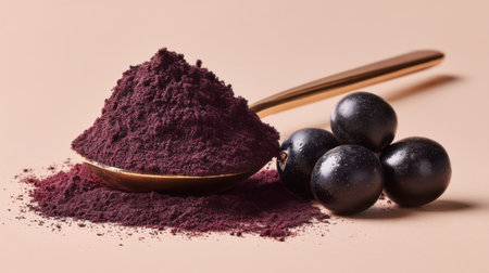 This captivating image features a fine black powder beside fresh berries on a golden spoon, emphasizing the elegance and vibrancy of natural ingredients in wellness and beauty.の素材