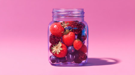 This image features a clear jar filled with an attractive selection of fresh berries and fruits against a soft pink backdrop, emphasizing vibrant colors and health.の素材