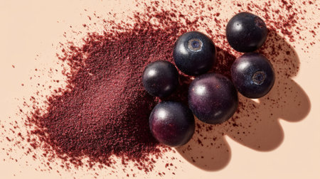 A vibrant composition featuring fresh blueberries and berry powder on a soft surface, showcasing the natural beauty and health benefits of these nutritious ingredients.の素材