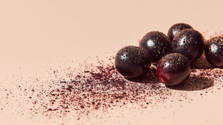 Fresh black berries arranged on a soft pink surface, highlighted with a sprinkle of powder, create a striking visual appeal for food photography. Perfect for gourmet designs.の素材