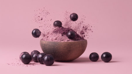 This stunning image features a rustic bowl filled with vibrant purple powder, surrounded by round fruit balls against a soft pink backdrop, emphasizing natural beauty.の素材