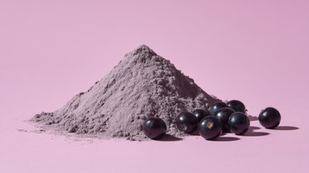 A captivating image featuring a mound of fine purple powder accompanied by black berries against a soft pink backdrop, perfect for marketing and design use.の素材