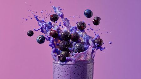 A vibrant splash of blueberry smoothie against a purple background captures the energy and freshness of a delicious beverage, perfect for culinary inspiration and vibrant designs.の素材