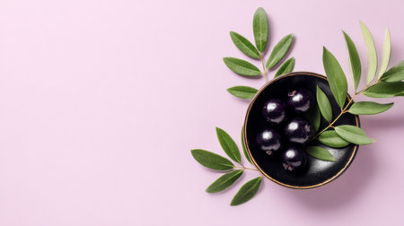 This image features fresh black olives arranged in a black bowl with lush green leaves set against a soft pink background, ideal for healthy food themes and recipes.の素材